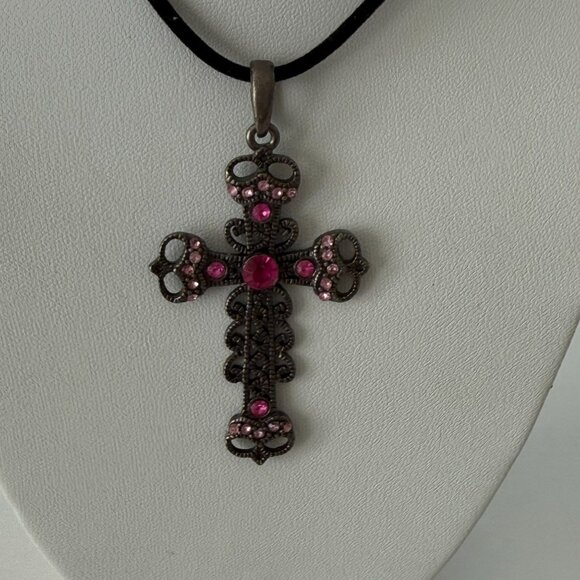 Antique-Style Cross Pendant Necklace With Pink Rhinestones On Black Cord - Picture 2 of 4